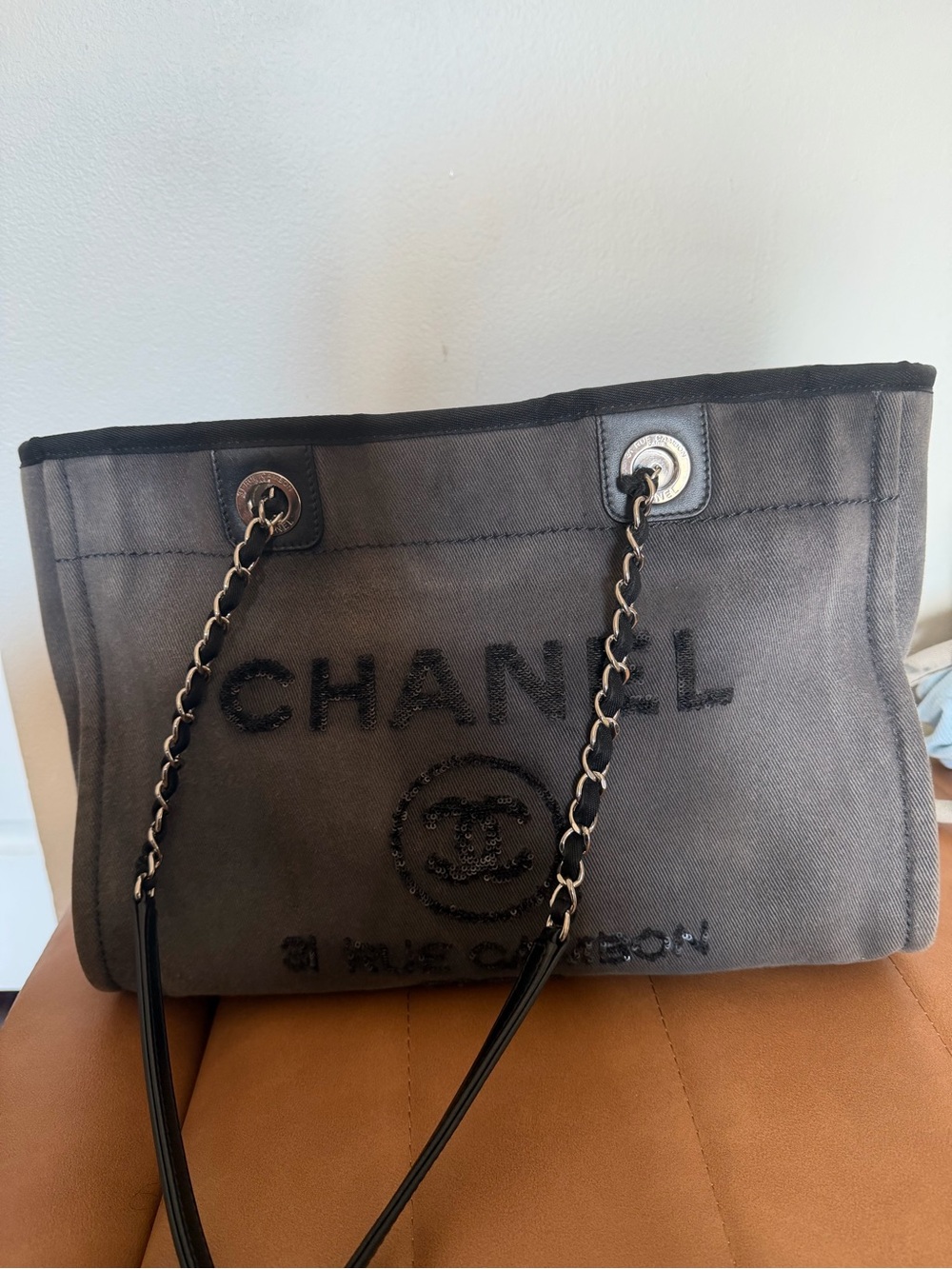CHANEL Gray Canvas Chain-Handle Tote with Black Trim